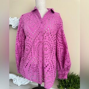 Chico’s Billow Sleeve Eyelet Blouse Size 8 Pink Peasant